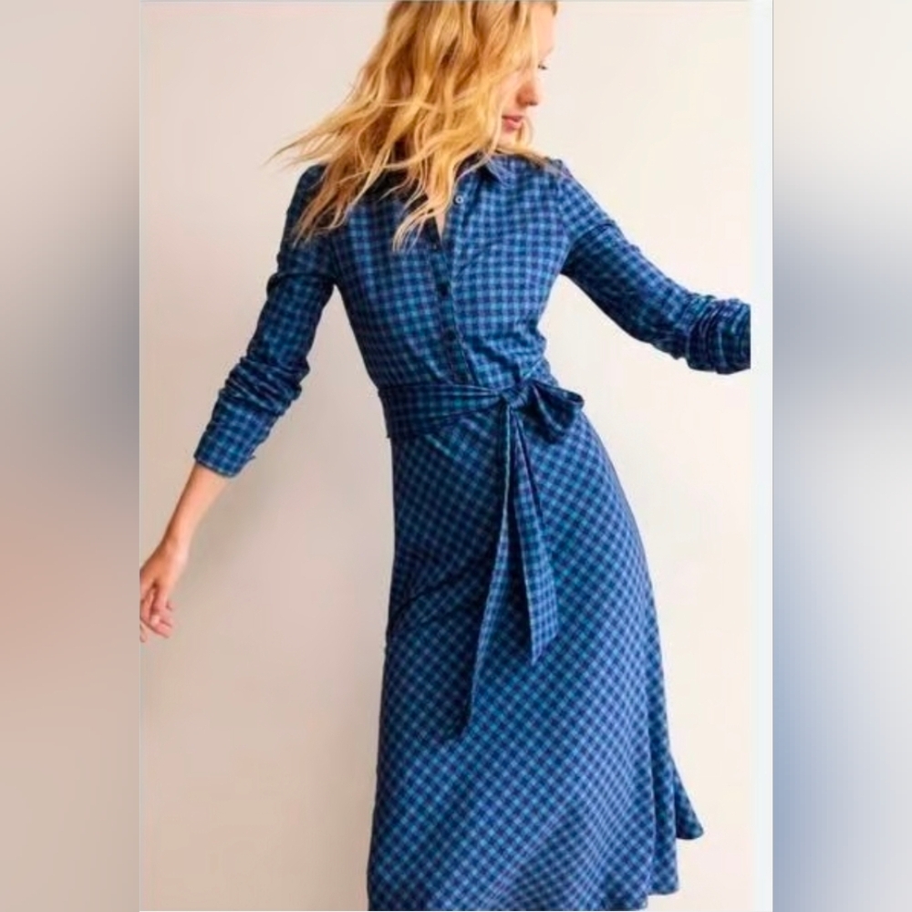 $145 Boden Laura Jersey Midi Shirt Dress Abstract Green Blue Sz 2P - Picture 2 of 10
